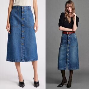 New $288 FRAME Modern Pocket Denim Skirt Midi Button Front Brunch Coquette Y2K